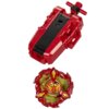 Czerwony wyrzutnik z czarnymi elementami i napisem "BEYBLADE X STRING LAUNCHER" oraz bączek z czerwono-złotymi detalami i wzorem przypominającym płomienie.