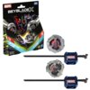 Opakowanie zabawki "Beyblade X" z motywem Marvela, przedstawiające Spider-Mana i Venoma, zawiera dwa bączki i dwa wyrzutniki z logo Marvel. Na opakowaniu widnieją napisy: "LET IT RIP!", "SPIDER-MAN 3-60F", "VENOM 3-80N", oraz oznaczenie wiekowe "8+".