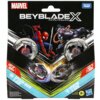 Opakowanie zabawki "Beyblade X" z grafiką przedstawiającą Spider-Mana i Venoma oraz dwoma wirującymi dyskami w środku. Na opakowaniu widnieją napisy: "MARVEL", "TAKARA TOMY", "LET IT RIP!", "SPIDER-MAN 3-60F", "VENOM 3-80N", "HASBRO", oraz oznaczenie wiek