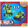 Opakowanie przedstawia zielono-fioletową figurkę, która może być przekształcona z pojazdu w robota, z napisem "2 in 1" oraz "Mech Suit & Vehicle" w kilku językach. W prawym górnym rogu znajduje się logo "Marvel Iron Man and the Awesome Friends Iron Hulk",