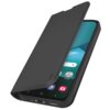 Czarne etui typu wallet na smartfon z widocznym logo "sbs" na klapce, częściowo otwarte, ukazujące ekran telefonu z ikonami aplikacji. Na ekranie widoczne są ikony aplikacji, w tym Google i inne standardowe aplikacje systemowe.