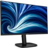Monitor z cienkimi ramkami wyświetla dynamiczny, niebiesko-biały wzór przypominający wir. Na dolnej ramce widoczne jest logo "PHILIPS".