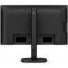 Czarny monitor widziany od tyłu z centralnie umieszczoną podstawą i logo "PHILIPS" na uchwycie. Na dolnej części obudowy znajdują się porty oznaczone jako HDMI, DP IN, DP OUT, USB.