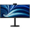 Monitor o zakrzywionym ekranie z dynamiczną, niebiesko-białą grafiką na wyświetlaczu, umieszczony na czarnym stojaku. Na dolnej ramce widoczne jest logo "PHILIPS".