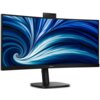 Monitor o zakrzywionym ekranie wyświetla dynamiczny, niebiesko-biały wzór przypominający wir. Na dolnej ramce widoczne jest logo "PHILIPS".