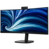 Monitor z zakrzywionym ekranem wyświetla dynamiczny, niebiesko-biały wzór przypominający wir. Na dolnej ramce widoczne jest logo "PHILIPS".