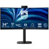 Monitor marki Philips o przekątnej 34 cale (86,36 cm) z zakrzywionym ekranem, rozdzielczością 3440x1440px, częstotliwością odświeżania 120Hz i czasem reakcji 4 ms [GTG]. Na ekranie widoczne są ikony i napisy: "WQHD", "120Hz", "CurvedDisplay", "5MP Webcam", "USB-C 90W", "5 yrs warranty" oraz logo Philips.