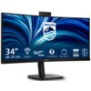 Monitor o zakrzywionym ekranie z logo PHILIPS, wyświetla informacje: "34" 86.36 cm", "WQHD", "120Hz", "CurvedDisplay", "5MP Webcam", "USB-C 90W", "5 yrs warranty". Tło ekranu ma niebieskie, wirujące wzory.