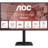 Monitor AOC z napisem "Professional Monitor" na ekranie, z ikonami i tekstem informującym o specyfikacjach: "27" 68.6 cm", "QHD Quad HD", "120Hz", "Adjustable Stand", "Anti-Blue Light", "5 Year Warranty". W tle widoczne są rozmyte postacie w biurowym otoczeniu.