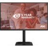Monitor AOC z serii E4 wyświetla obraz przedstawiający dwie osoby w biurze, z tekstem "TCO Certified edge", "5 YEAR WARRANTY" oraz logo "AOC". Na ekranie widoczny jest również napis "E4 Series".