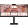 Monitor AOC z zakrzywionym ekranem, na którym widnieje napis "AOC Professional Monitor" oraz ikony z informacjami: "34'' 86.4 cm", "WQHD Wide Quad HD", "120Hz", "Adjustable Stand", "Anti-Blue Light", "USB-C Docking", "90W USB-C Power Delivery", "5 Year Warranty".