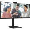 Monitor AOC z wąskimi ramkami, na ekranie widoczny obraz trzech osób w rozmowie. Na dolnej ramce monitora znajduje się logo "AOC".