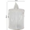 Na zdjęciu znajduje się biała, transparentna świeca dekoracyjna LED o wymiarach 5 x 8 cm, z widocznymi zdobieniami przypominającymi krople wosku. Świeca ma błyszczącą powierzchnię i przezroczysty płomień na górze.