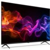 Telewizor SHARP 50HP5765E 50" QLED 4K Google TV z technologiami Dolby Atmos i Dolby Vision, posiadający złącze HDMI 2.1. Na ekranie widoczne są kolorowe, abstrakcyjne wzory w odcieniach pomarańczowego, różowego i fioletowego.