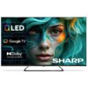 Telewizor z wyświetlaczem prezentującym kolorowy obraz twarzy z zielonymi i pomarańczowymi akcentami, obok widoczne są napisy: "QLED", "Google TV", "Dolby Vision-Atmos" oraz logo "SHARP".