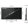 Telewizor marki SHARP o przekątnej ekranu 65 cali (164 cm) z widocznymi wymiarami: szerokość 144,5 cm, wysokość 82,8 cm, głębokość 8,3 cm, wysokość z podstawą 89,6 cm, szerokość podstawy 76,0 cm, głębokość podstawy 27,5 cm. Na ekranie widoczne jest logo "SHARP".