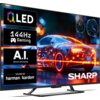 Telewizor z wyświetlaczem prezentującym kolorowy, futurystyczny samochód, z widocznymi napisami: "QLED", "144Hz Gaming", "A.I. picture processing" oraz "Sound by harman/kardon". Logo "SHARP" znajduje się w dolnym rogu ekranu.