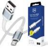 Biały kabel USB do Micro USB z metalicznymi końcówkami, obok znajduje się niebieskie opakowanie z logo "3mk" i napisem "Hyper Cable N-SERIES USB-A to Micro 12W". Na opakowaniu widoczne są również ikony sugerujące kompatybilność z różnymi urządzeniami oraz oznaczenie długości 1 m i mocy 12W.