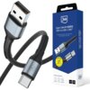 Na zdjęciu widoczny jest czarny kabel USB z końcówkami USB-A i USB-C oraz opakowanie z napisem "3mk Hyper Cable N-SERIES USB-A to USB-C 18W". Opakowanie zawiera również ikony sugerujące kompatybilność z urządzeniami takimi jak smartfony, tablety i laptopy, oraz informację o długości kabla 2 m i mocy 18W.