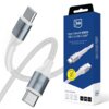 Na zdjęciu znajduje się biały kabel USB-C do USB-C z metalicznymi końcówkami, obok którego widoczne jest niebieskie opakowanie z napisem "3mk Hyper Cable N-SERIES USB-C to USB-C 60W". Na opakowaniu znajdują się również ikony wskazujące kompatybilność z różnymi urządzeniami oraz informacje o długości kabla 1 m i mocy 60W.