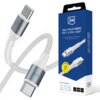 Na zdjęciu znajduje się biały kabel USB-C do USB-C z metalicznymi końcówkami, obok którego widoczne jest niebieskie opakowanie z logo "3mk" i napisem "Hyper Cable N-SERIES USB-C to USB-C 100W". Opakowanie zawiera również piktogramy wskazujące na kompatybilność z różnymi urządzeniami oraz informacje o długości kabla 1 m i mocy 100W.