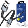 Na zdjęciu widoczny jest czarny kabel USB-Lightning z metalowymi końcówkami oraz jego opakowanie z logo "3mk". Na opakowaniu znajduje się napis: "Hyper Cable N-SERIES USB-A to Lightning 12W", a także ikony sugerujące kompatybilność z różnymi urządzeniami.