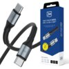 Czarny kabel USB-C do USB-C z metalowymi końcówkami, oznaczony napisem "100W", obok niebieskiego opakowania z logo "3mk" i tekstem "Hyper Cable N-SERIES USB-C to USB-C 100W". Opakowanie zawiera dodatkowe informacje o kompatybilności z urządzeniami oraz specyfikacjach kabla.