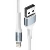 Na zdjęciu widoczny jest biały kabel USB-Lightning o długości 2 metrów z metalicznymi złączami, na których znajduje się logo "3MK". Kabel ma plecioną osłonę, a złącza są w kolorze srebrnym.