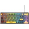 Na zdjęciu znajduje się klawiatura z podświetleniem RGB, z widocznymi klawiszami funkcyjnymi od F1 do F12 oraz klawiaturą numeryczną. Na klawiaturze widoczny jest napis "RAMPAGE" oraz przyciski multimedialne i pokrętła w prawym górnym rogu.