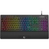 Czarna klawiatura z podświetleniem RGB, posiadająca klawisze oznaczone różnymi kolorami, z widocznym logo "Rampage" w prawym górnym rogu. Na klawiaturze znajdują się dodatkowe przyciski multimedialne oraz pokrętło w prawym górnym rogu.