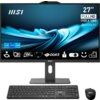 Na zdjęciu znajduje się komputer typu All-in-One z logo MSI na obudowie, z ekranem o przekątnej 27 cali i rozdzielczości Full HD 1920 x 1080, a także klawiatura i mysz. Na ekranie widoczne są ikony i napisy: "intel core i5", "100 Hz", "DDR5", "FHD", oraz "All-in-One PC".