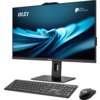 Na zdjęciu znajduje się komputer stacjonarny typu all-in-one z dużym monitorem, klawiaturą i myszką. Na ekranie widoczna jest abstrakcyjna, niebieska grafika oraz logo "MSI" i napis "PRO SERIES".
