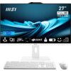 Na zdjęciu widoczny jest biały komputer all-in-one marki MSI z 27-calowym ekranem, na którym wyświetlane są informacje: "27" FULL HD 1920 x 1080 All-in-One PC", "100 Hz", "DDR5", oraz logo MSI. Przed komputerem znajdują się biała klawiatura i myszka.