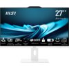 Na zdjęciu widoczny jest biały komputer All-in-One marki MSI z ekranem 27 cali, na którym wyświetlane są ikony i teksty: "EyesErgo", "Anti-Flicker Less Blue Light", "100 Hz High Refresh Rate", "Adjustable Stand", "DDR5 Memory", "TPM Support", "Full HD Webcam", "Windows Hello", "MSI Cloud Center". W lewym górnym rogu znajduje się logo MSI, a w prawym górnym rogu napis "27'' All-in-One PC".
