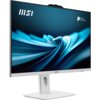 Biały komputer stacjonarny z monitorem o cienkich ramkach, na ekranie widoczna jest abstrakcyjna, niebieska grafika. Na obudowie monitora znajdują się logotypy "MSI" oraz "PRO SERIES".