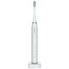 Biała szczoteczka soniczna z napisem "DentiPro" na uchwycie, posiada przycisk oraz wskaźniki trybów: "Clean", "White", "Polish", "Massage". Na dole znajduje się symbol baterii z zielonym wskaźnikiem, a całość umieszczona jest na białej podstawce.