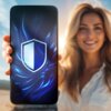Na zdjęciu widoczny jest smartfon trzymany w dłoni, na ekranie którego znajduje się niebieska grafika z białą tarczą. W tle rozmyta postać kobiety uśmiechającej się, a całość jest oświetlona naturalnym światłem.
