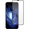 Na zdjęciu widoczny jest telefon z wyświetlaczem przedstawiającym niebieskie, abstrakcyjne wzory oraz ikonę tarczy, obok którego znajduje się przezroczyste szkło hartowane z czarną ramką. Produkt opisany jest jako "SZKŁO HARTOWANE 3MK REXGLASS GLASS 47".