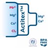 Grafika przedstawia schemat działania filtra Actitex™ z oznaczeniami chemicznymi: Pb²⁺, Mg²⁺, Ca²⁺, Cl₂, oraz logo "Narodowy Instytut Zdrowia Publicznego PIB Produkt z Atestem" i napis "BPA FREE".
