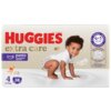 Opakowanie pieluchomajtek HUGGIES Extra Care Pants 4 (38 szt.) z widocznym dzieckiem w białym ubranku, piórkiem oraz informacjami o produkcie, takimi jak waga 9-14 kg i liczba sztuk 38. Na opakowaniu znajdują się również napisy: "extra care", "pants", "4 IN 1 SKIN CARE", "SOFT", "ABSORBENT", "BREATHABLE", "HYPOALLERGENIC", oraz logo Disney Baby.