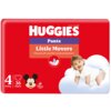 Czerwone opakowanie pieluchomajtek z napisem "HUGGIES Pants Little Movers" oraz informacją "Cloud soft comfort and protection". Widoczne są także liczby "4" i "36", logo z postacią z kreskówki oraz napis "Disney baby".