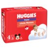 Czerwone opakowanie pieluchomajtek HUGGIES Little Movers z grafiką dziecka na chmurce oraz logo Disney Baby z postacią Myszki Miki. Na opakowaniu widnieje tekst: "Pants Little Movers Cloud soft comfort and protection", a także oznaczenie rozmiaru 4 dla dzieci o wadze 9-14 kg, zawierające 36 sztuk.