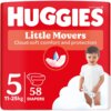 Czerwone opakowanie pieluszek z dużym białym napisem "HUGGIES" na górze, poniżej napis "Little Movers Cloud soft comfort and protection". Na opakowaniu widnieje liczba "5", oznaczenie wagi "11-25kg" oraz liczba "58 DIAPERS", a także ilustracja pieluszki i dziecka.