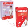 Na zdjęciu znajdują się dwa opakowania pieluszek HUGGIES. Pierwsze opakowanie to "HUGGIES ultra comfort 5 11-25kg", a drugie to "HUGGIES Little Movers 5 11-25kg", oba z grafiką postaci z bajek Disneya.