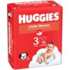 Czerwone opakowanie pieluszek HUGGIES Little Movers Mega Pack z napisem "Cloud soft comfort and protection", zawierające 78 sztuk dla dzieci o wadze 4-9 kg, z ilustracją uśmiechniętego dziecka i logo Disney baby.