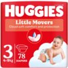 Opakowanie pieluszek HUGGIES Little Movers Mega Pack 3 dla dzieci o wadze 4-9 kg, zawierające 78 sztuk, z napisem "Cloud soft comfort and protection" oraz ilustracją dziecka na chmurce. Widoczne są także ikony pieluszek i kropli wody.