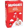 Czerwone opakowanie pieluszek z napisem "HUGGIES Little Movers" oraz informacją "Cloud soft comfort and protection". Widoczne są także liczby "4", "7-18kg", "66 DIAPERS" oraz postać dziecka siedzącego na chmurce.