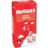 Czerwone opakowanie pieluszek z dużym białym napisem "HUGGIES" oraz mniejszym "Little Movers" poniżej. Na opakowaniu widnieje informacja "4 7-18kg 50 DIAPERS" oraz grafika chmurki i postać z kreskówki.
