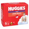 Czerwone opakowanie pieluchomajtek z dużym białym napisem "HUGGIES" oraz mniejszym "Pants Little Movers" na pomarańczowym tle. Na opakowaniu widoczny jest rysunek dziecka siedzącego na chmurce, logo Disney Baby z postacią psa oraz informacje "6 15-25 kg" i "30 PANTS".
