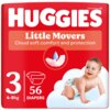 Na zdjęciu widoczna jest czerwona paczka pieluszek z dużym białym napisem "HUGGIES" oraz mniejszym "Little Movers" i opisem "Cloud soft comfort and protection". Na opakowaniu znajduje się także liczba "3", oznaczenie wagi "4-9 kg", liczba "56 DIAPERS" oraz grafika dziecka w pieluszce.